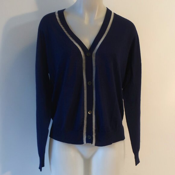Womens Dries Van Noten Navy Blue Wool Silk V-Neck Cardigan Sweater L